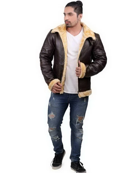 Brown Hooded B3 RAF Aviator Shearling Leather Jacket for Men