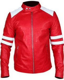  Fight Club Brad Pitt Leather Coat Jacket Red and White Strip- Christmas Wear
