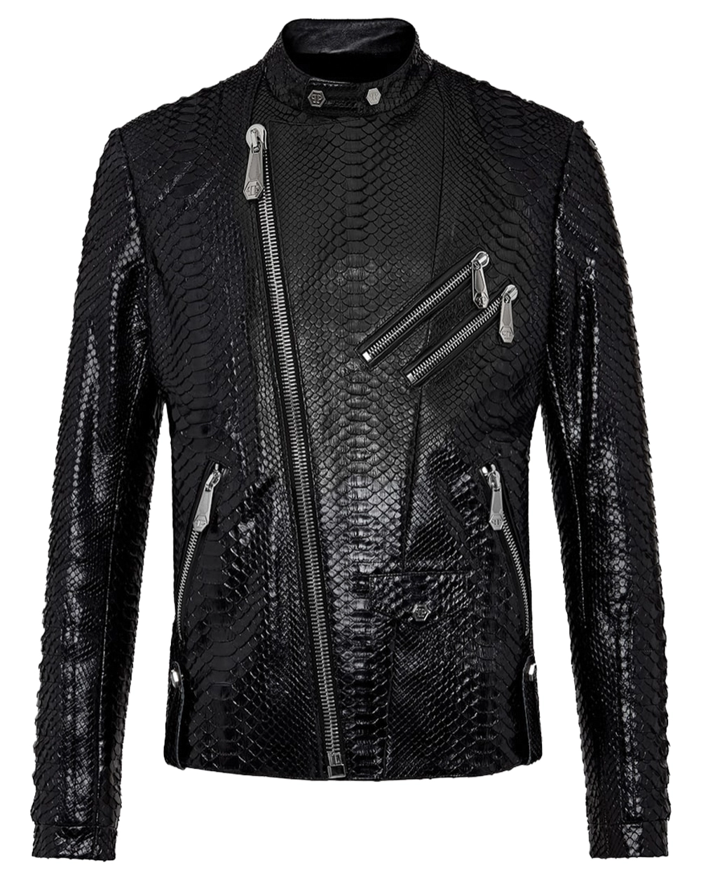 Real leather biker jacket in Black Python affects