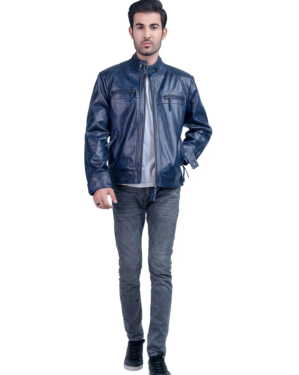 Buy Blue Biker Leather Jacket