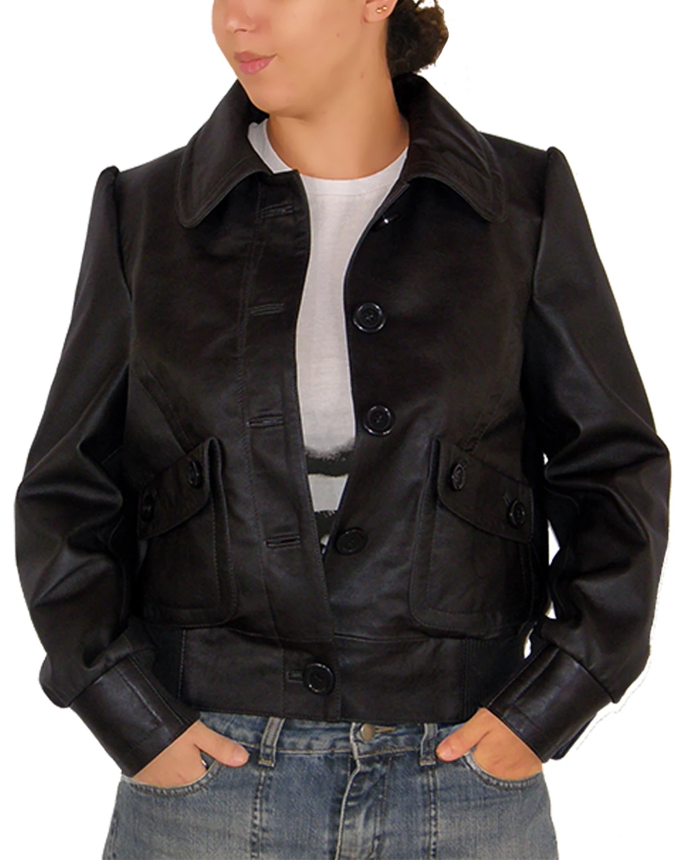 Women button leather jacket