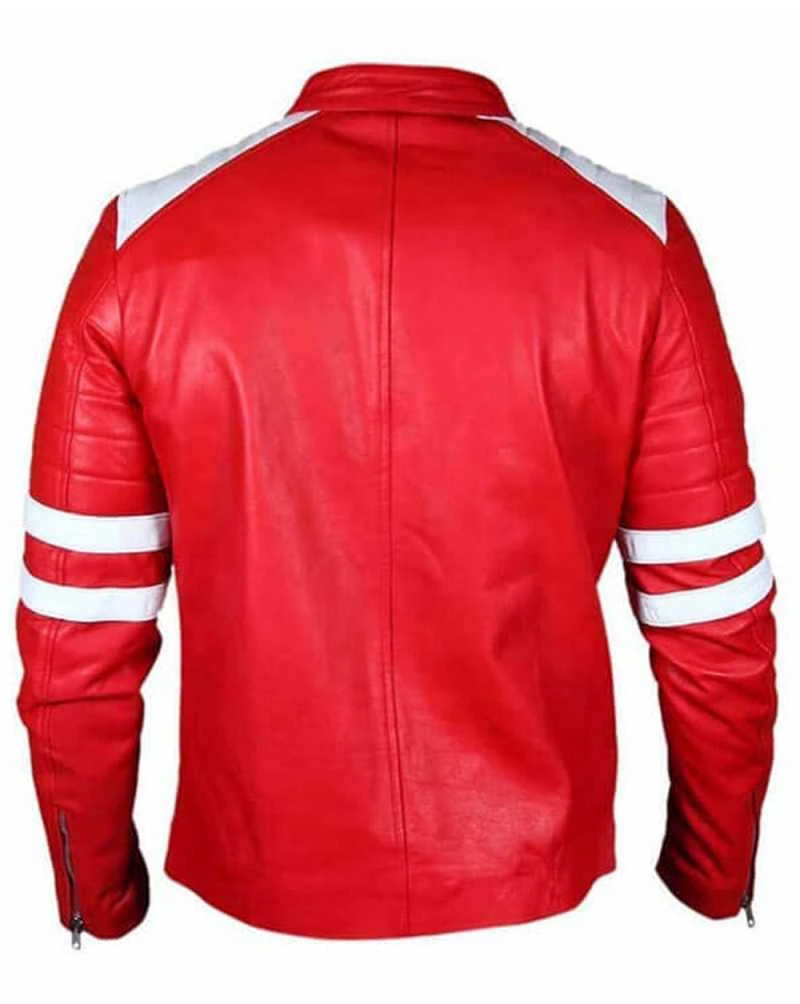  Fight Club Brad Pitt Leather Coat Jacket Red and White Strip- Christmas Wear