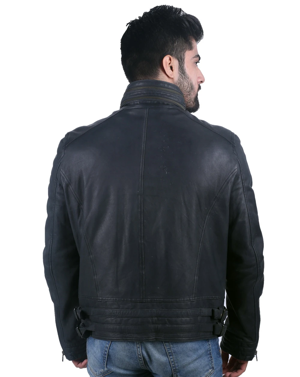 Wide neck black leather biker jacket for men