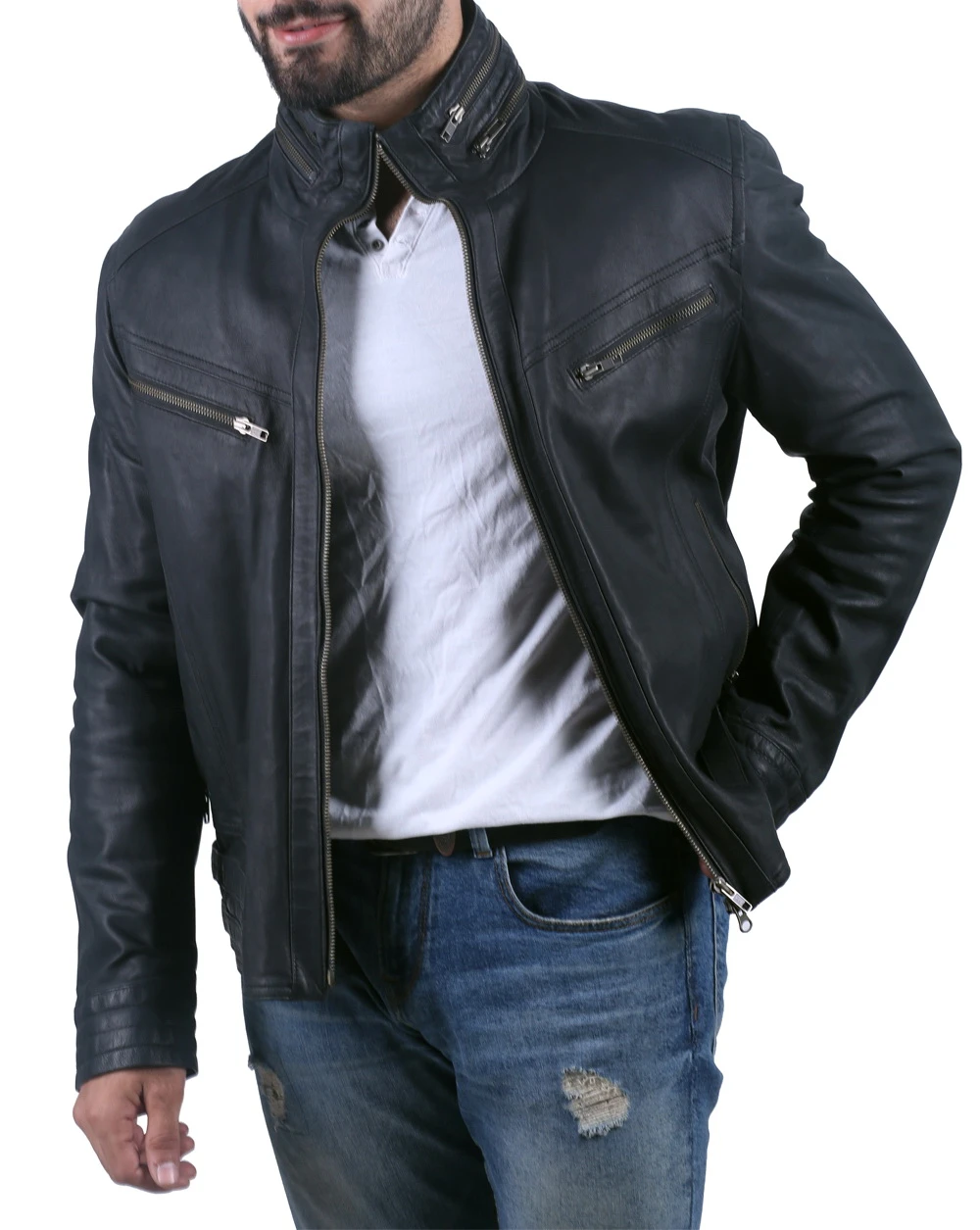 Wide neck black leather biker jacket for men