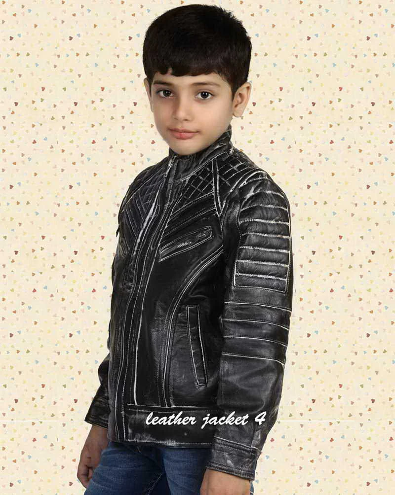 Black distressed leather jacket for boys