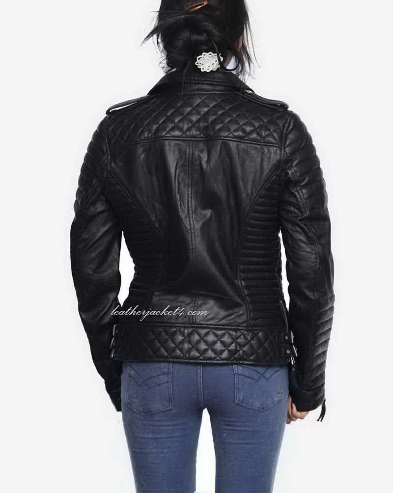 Oily black quilted leather jacket worn by popular celebritie