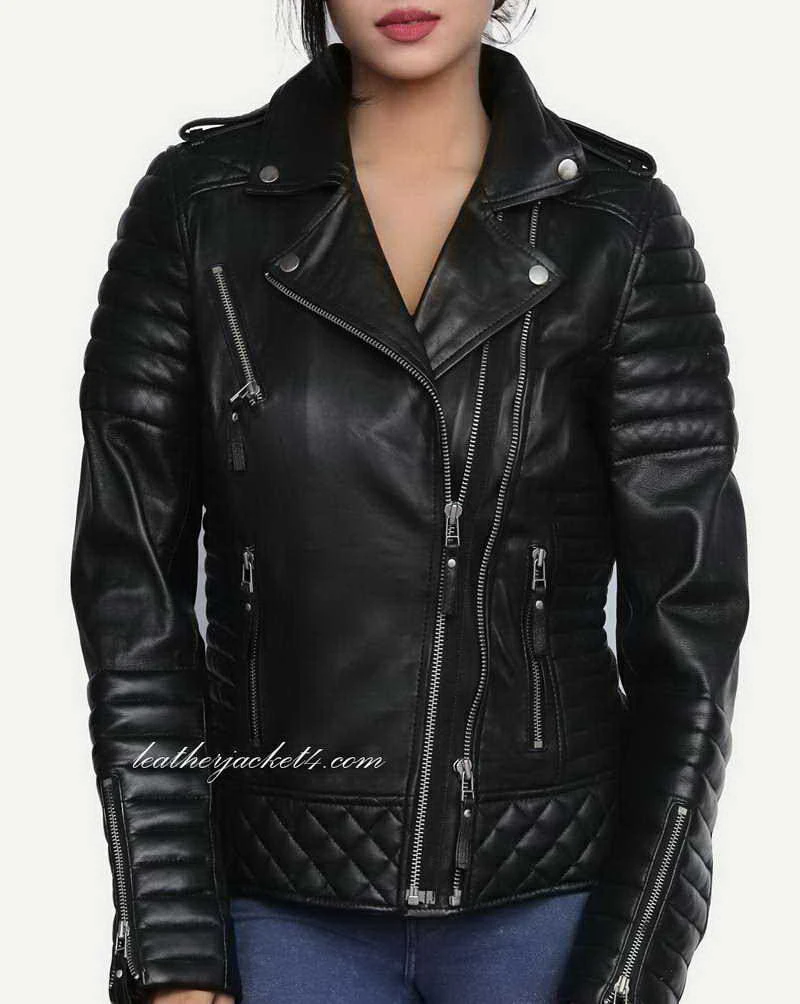 Oily black quilted leather jacket worn by popular celebritie