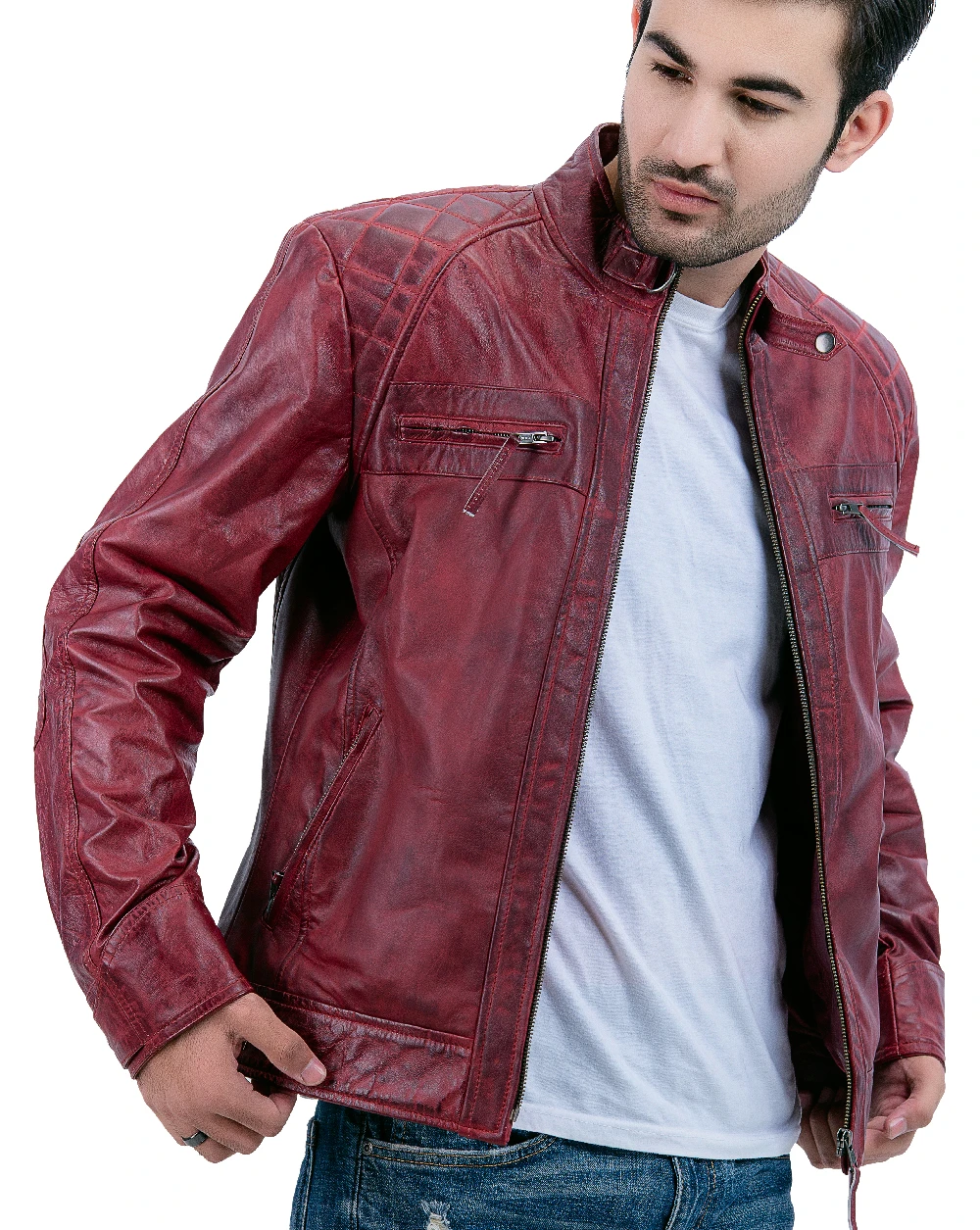 Maroon Biker Cafe Racer Leather Jacket