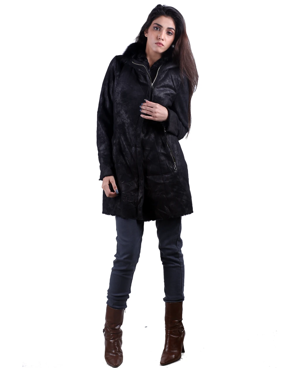 Women long leather hoodie coat 