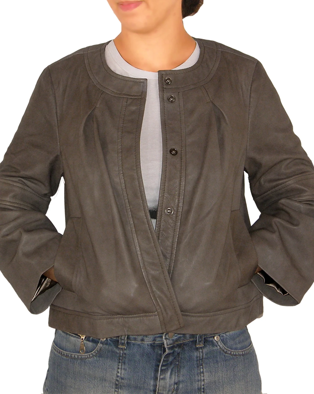 Merriam round neck leather jacket