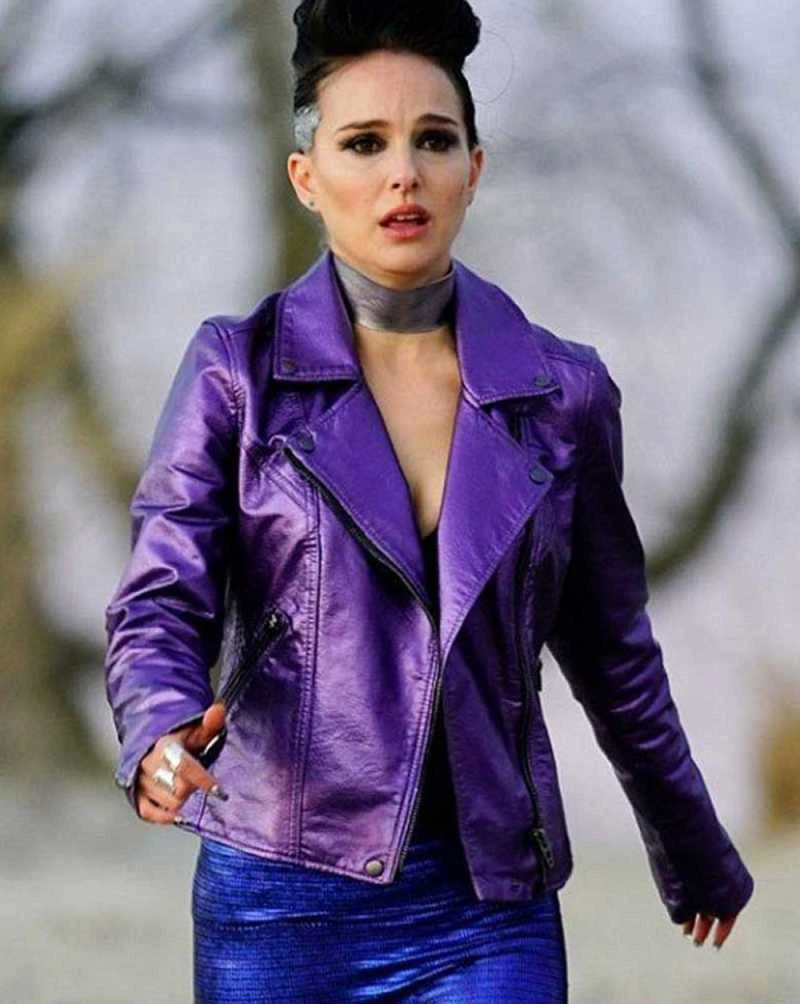 Natalie-Portman Celeste Vox Lux Natalie Portman Purple Leather Jacket