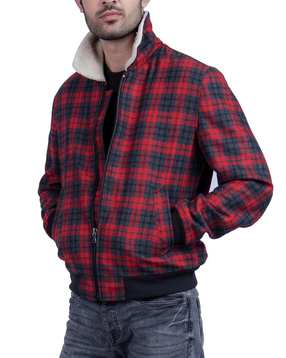 Red Flannel Plaid Jacket Bomber For Mens