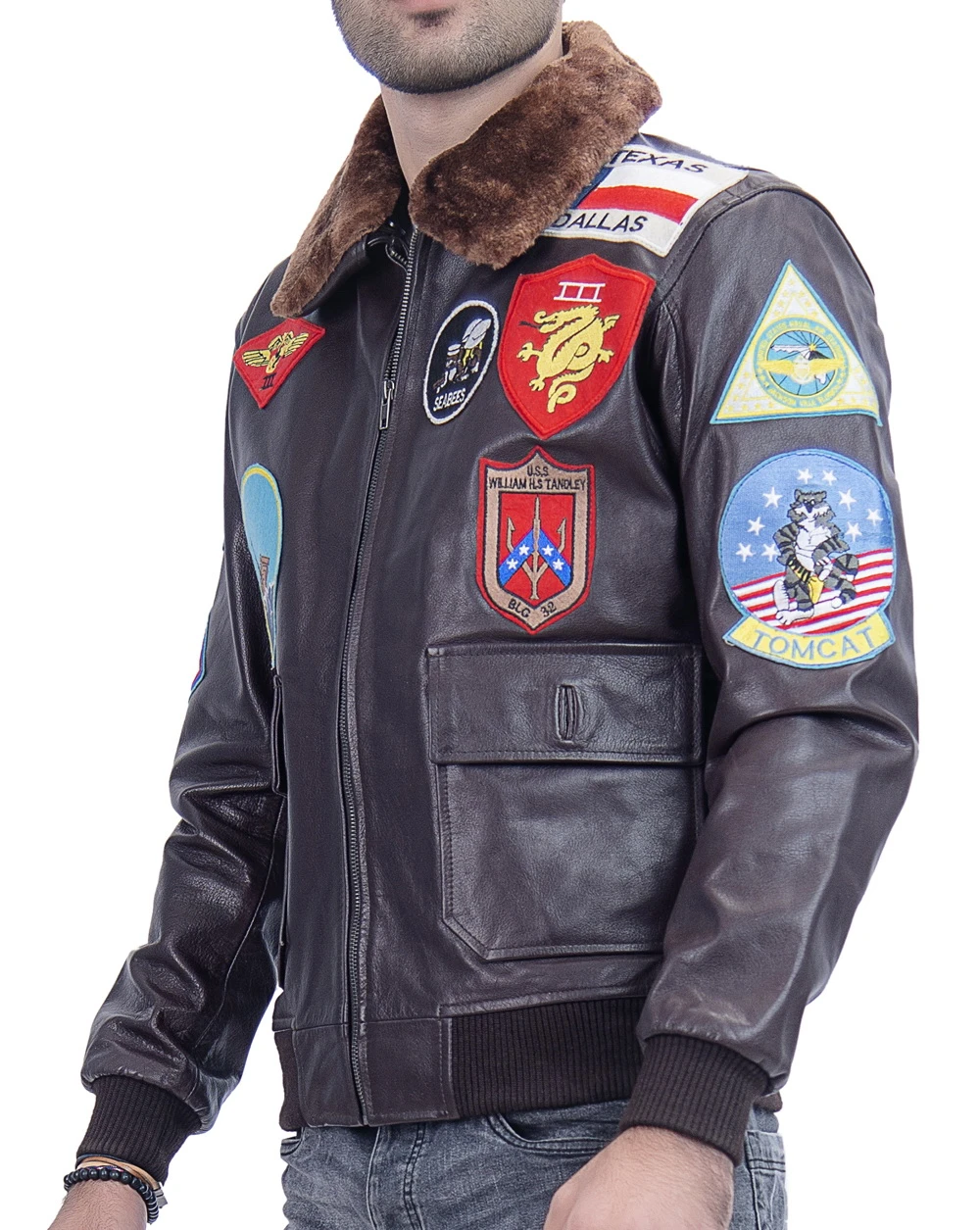 Top Gun G-1 Navy flight leather jacket as worn by Pete Maverick Mitchell in the Top Gun movie