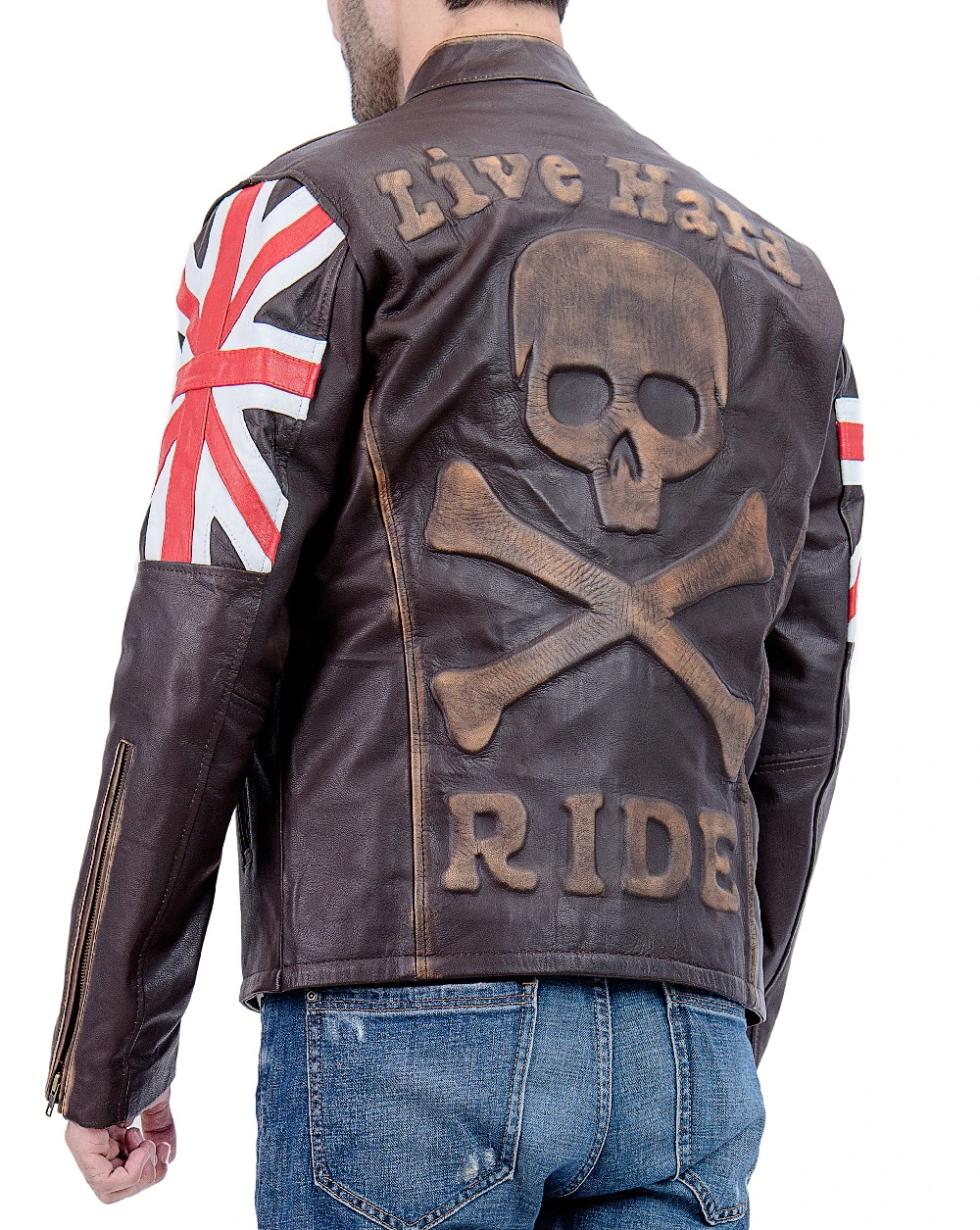 Men Biker Vintage Union Jack Brown Leather Jacket