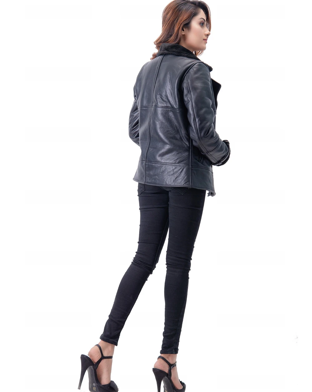 Black Shearling Faux Fur Womens Biker Leather Jacket