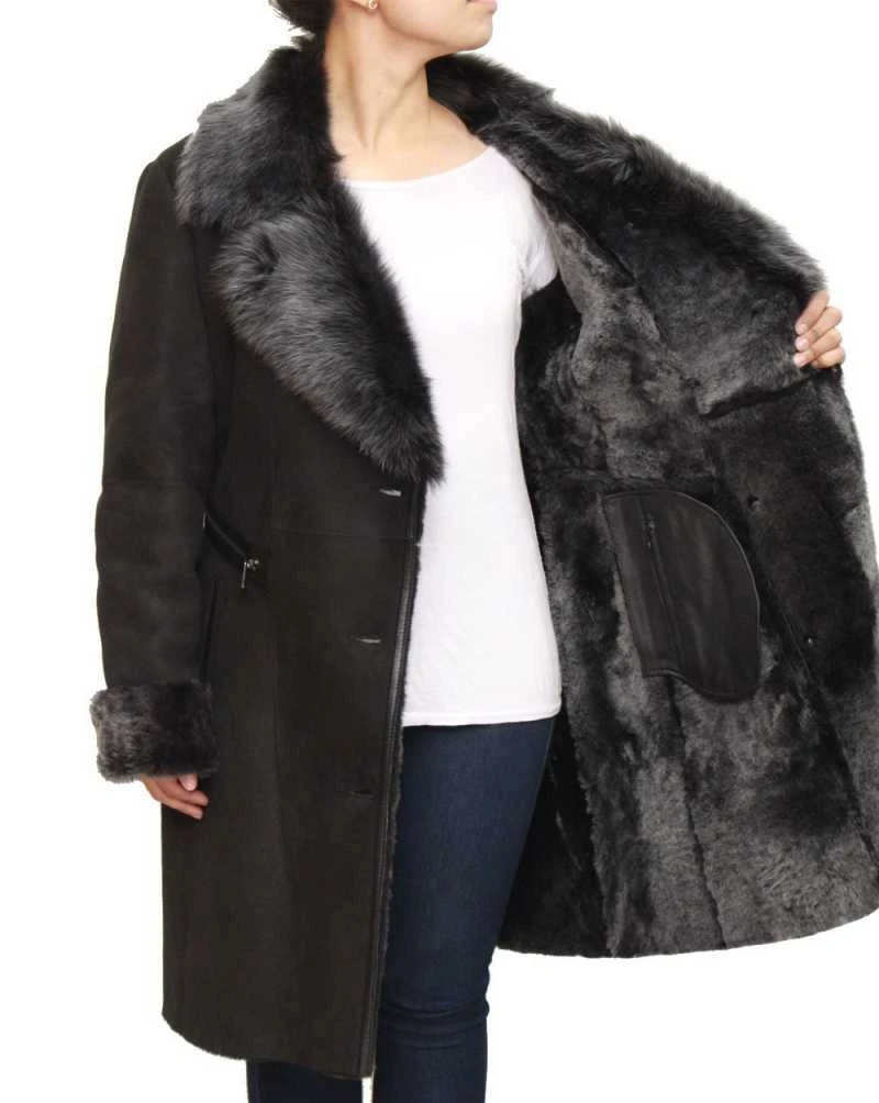 Womens Black Suede Shearling Winter Trench Coat