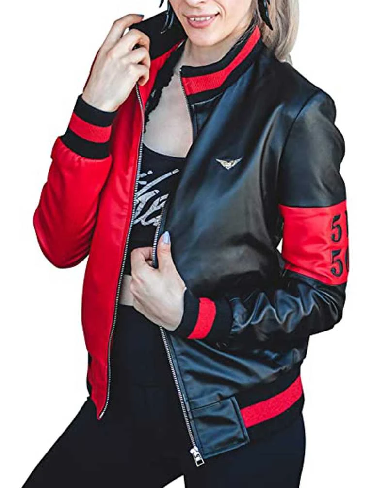 Harley-5150 Womens Harley 51 50 Bomber Black and Red Leather Jacket