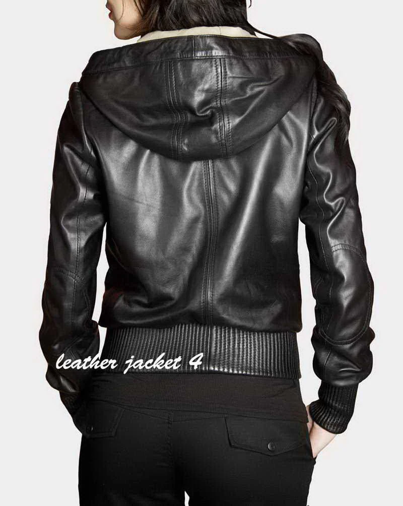 Womens hooded bomber leather jacket