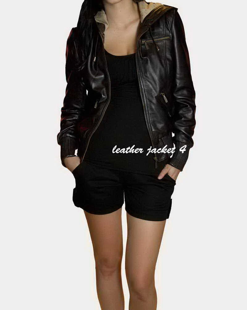 Womens hooded bomber leather jacket