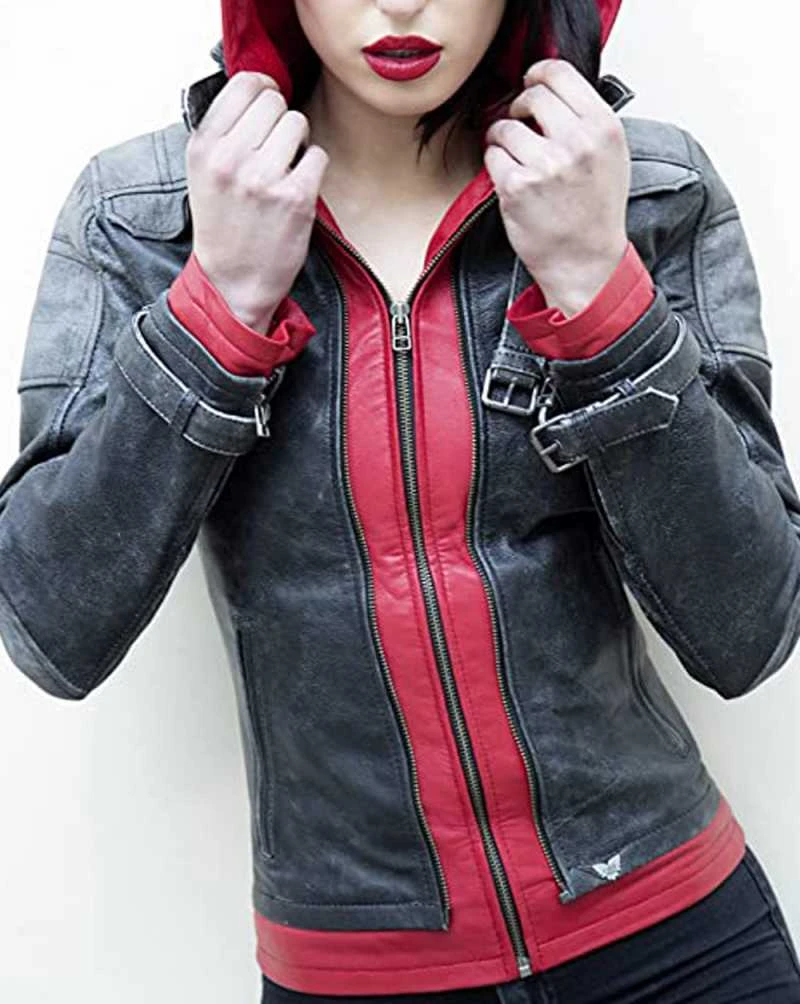 Womens Arkham Knights Jason Todd Red Hood Leather Jacket