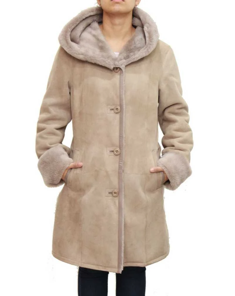 Womens Taupe Luxurious Hooded Coat
