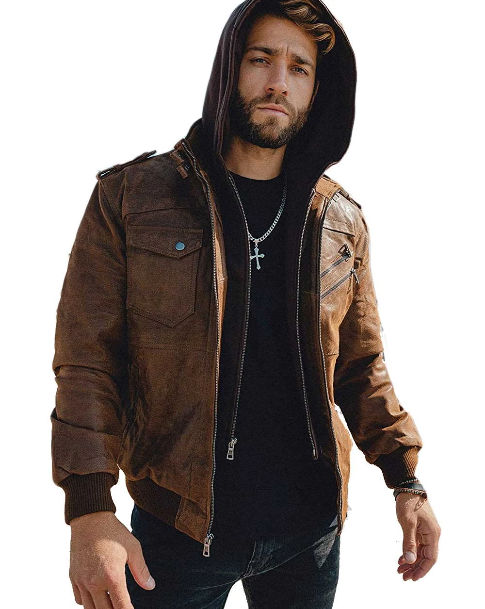 Men Brown Distress Leather Jacket with Removable Hood
