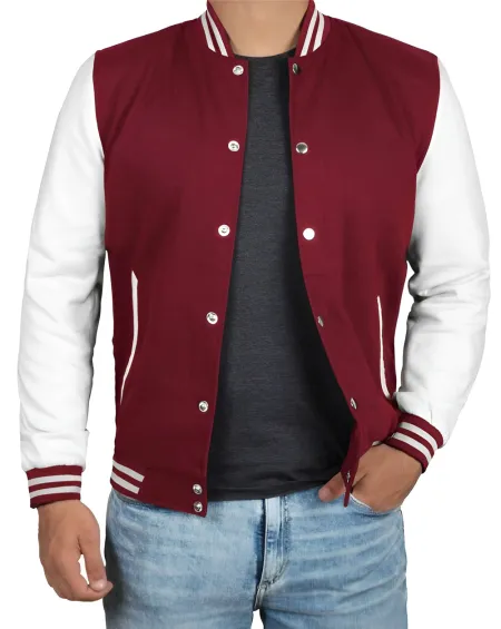 Mens Baseball Style Maroon and White Letterman Jacket