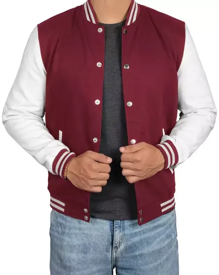 Mens Baseball Style Maroon and White Letterman Jacket